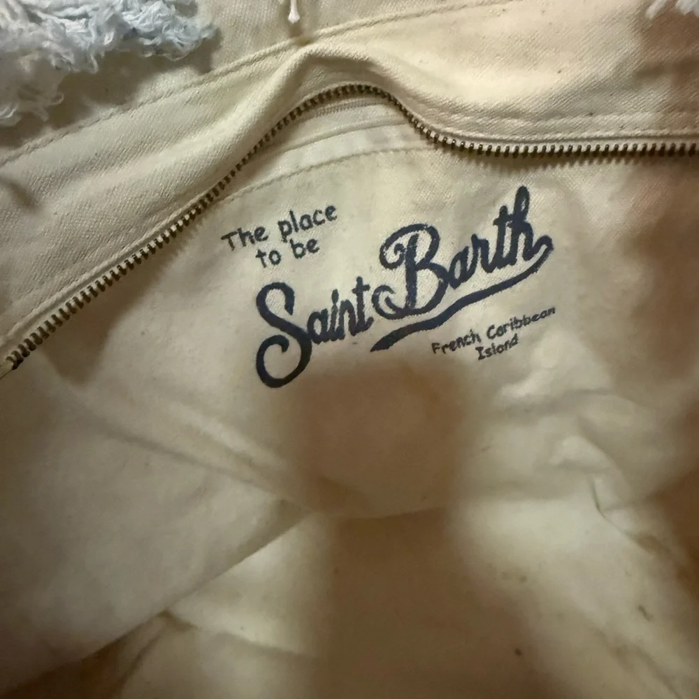 Blue and White Fringed Saint Barth Tote Bag - Picture 2 of 5